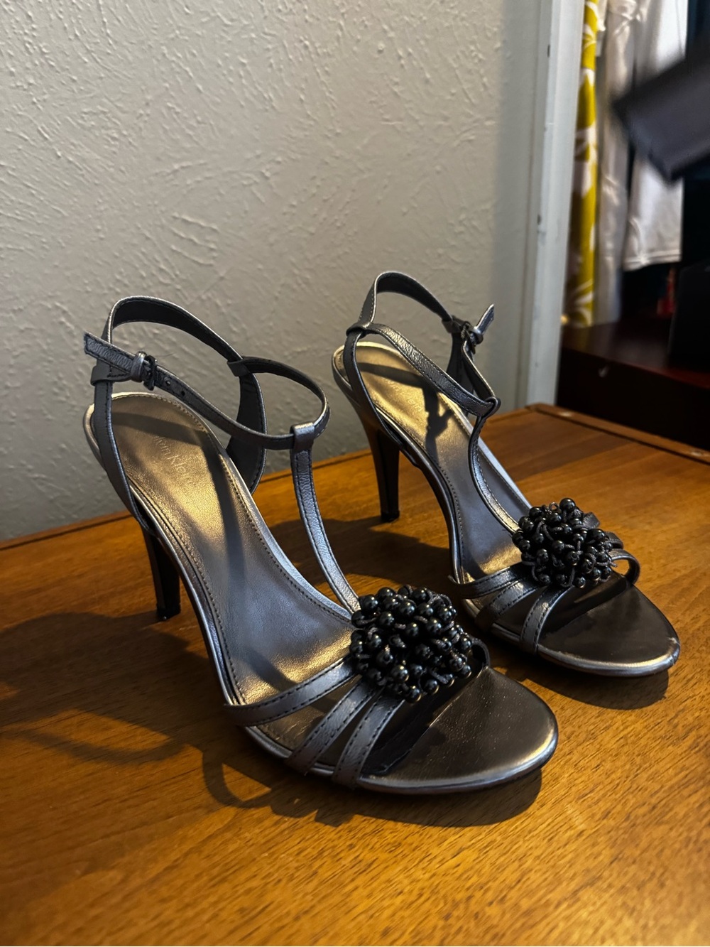 Calvin Klein Black T-Strap Beaded High Heel Sandals